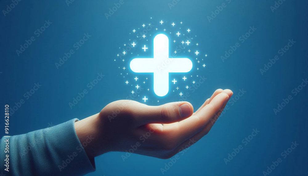 Hand holding plus icon on blue background. Plus sign virtual means to offer positive thing like benefits, personal development, social network Hand holding plus icon on blue background. Plus sign virtual means to offer positive thing like benefits, personal development, social network