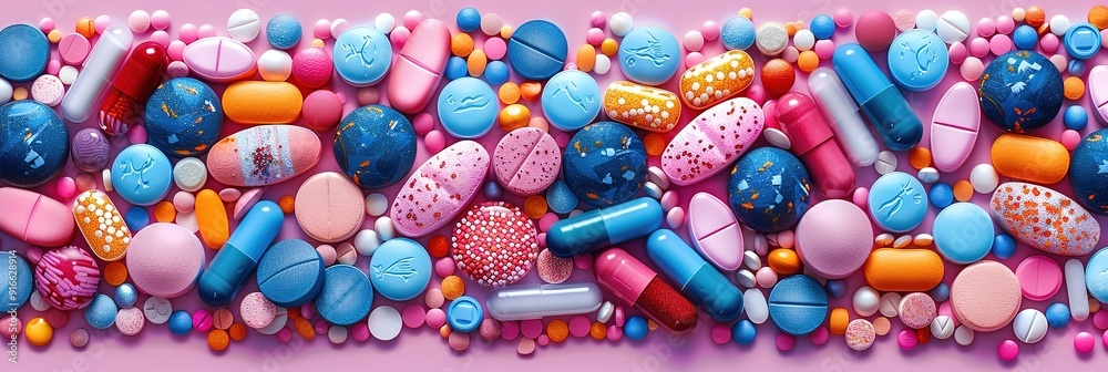 A vibrant assortment of pills and capsules in various shapes, sizes, and colors are arranged on a pink background, forming a striking visual representation of the pharmaceutical industry. A vibrant assortment of pills and capsules in various shapes, sizes, and colors are arranged on a pink background, forming a striking visual representation of the pharmaceutical industry.