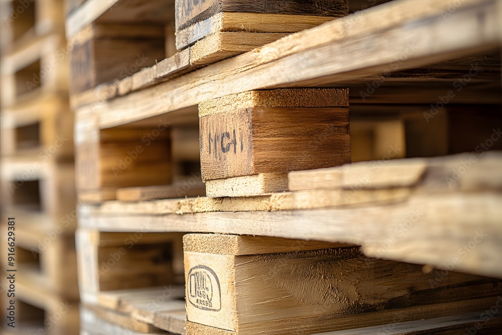 Industrial Logistics. Wooden pallets stacked in a warehouse Industrial Logistics. Wooden pallets stacked in a warehouse