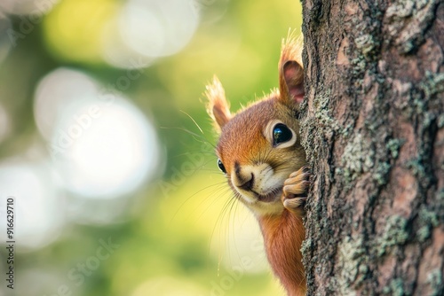 Curious red squirrel peeking behind the tree trunk, ai