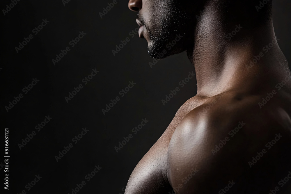 close-up side view of a muscular man with well-defined shoulders and arms highlighted by soft light in a dark setting emphasizing his strength and form close-up side view of a muscular man with well-defined shoulders and arms highlighted by soft light in a dark setting emphasizing his strength and form