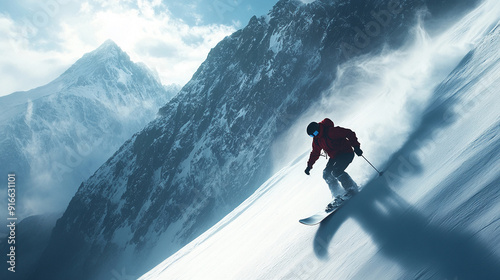 A person snowboarding down a mountain. snowboarding mountain person winter sport snow action outdoors adventure speed.