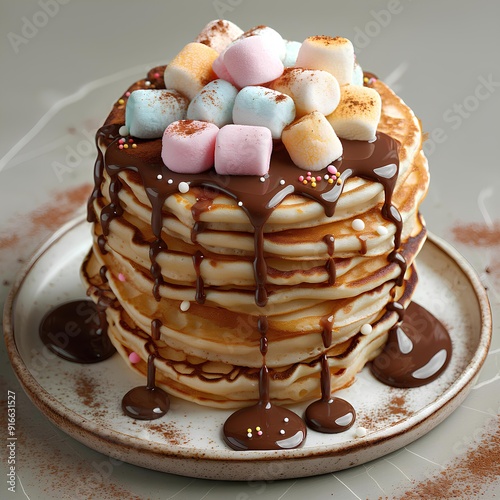 a stack of delicious golden pancakes on a plain white surface with rainbow color mini marshmallows and a drizzle of chocolate sauce with white background