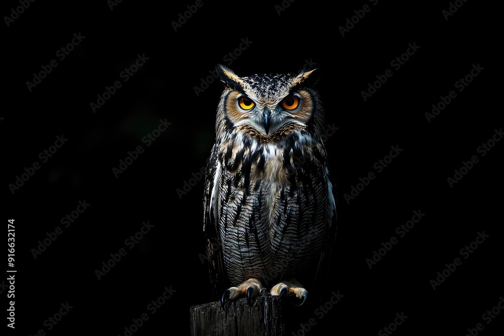 Obraz premium A close up of a european eagle owl perched on a post and staring forward. Taken against a dark background the eyes are penetrating the viewer, ai