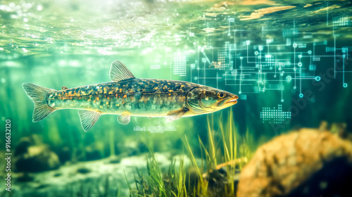 Fish swimming in digital river representing artificial intelligence in aquaculture photo