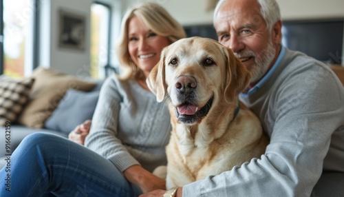 Wallpaper Mural Happy senior couple relaxing on sofa with pet dog at home Torontodigital.ca