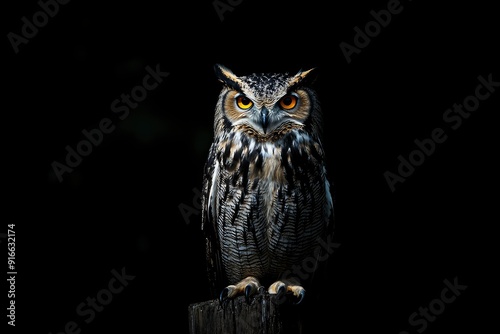 Wallpaper Mural A close up of a european eagle owl perched on a post and staring forward. Taken against a dark background the eyes are penetrating the viewer, ai Torontodigital.ca