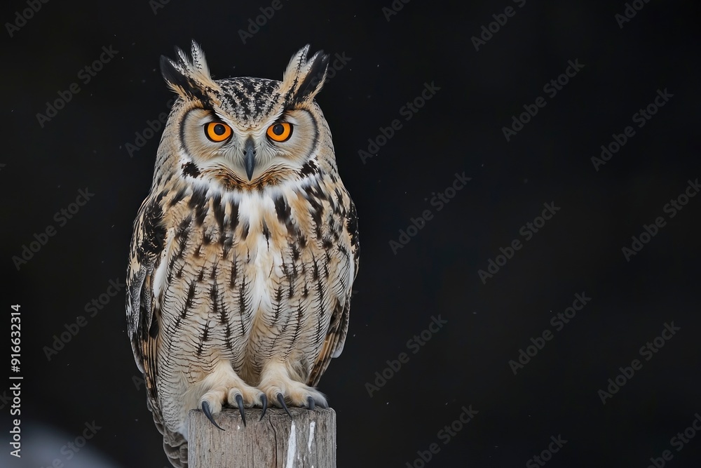 A close up of a european eagle owl perched on a post and staring forward. Taken against a dark background the eyes are penetrating the viewer, ai