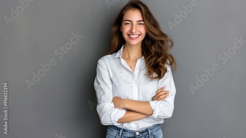 A woman is smiling and wearing a white shirt and blue jeans