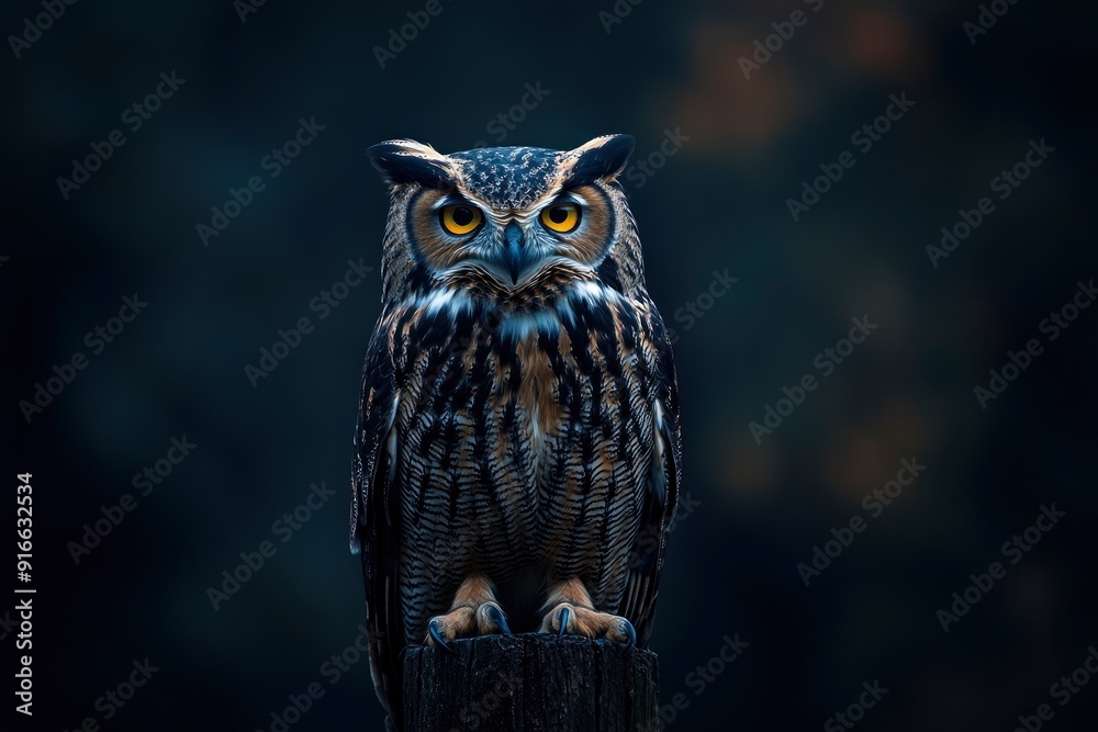 Obraz premium A close up of a european eagle owl perched on a post and staring forward. Taken against a dark background the eyes are penetrating the viewer, ai