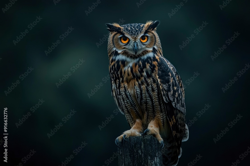 A close up of a european eagle owl perched on a post and staring forward. Taken against a dark background the eyes are penetrating the viewer, ai A close up of a european eagle owl perched on a post and staring forward. Taken against a dark background the eyes are penetrating the viewer, ai