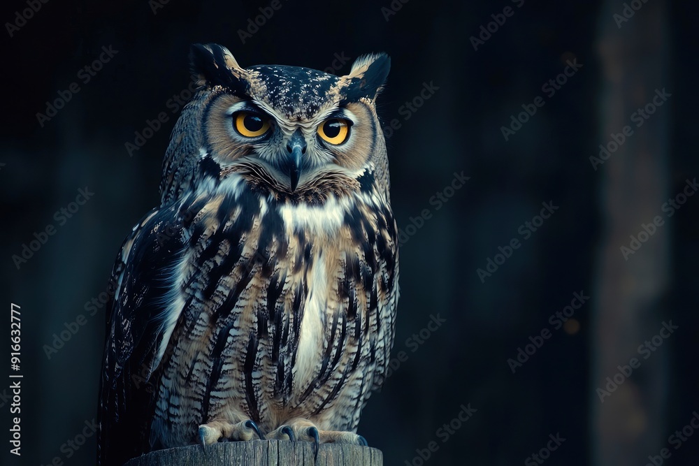 A close up of a european eagle owl perched on a post and staring forward. Taken against a dark background the eyes are penetrating the viewer, ai A close up of a european eagle owl perched on a post and staring forward. Taken against a dark background the eyes are penetrating the viewer, ai