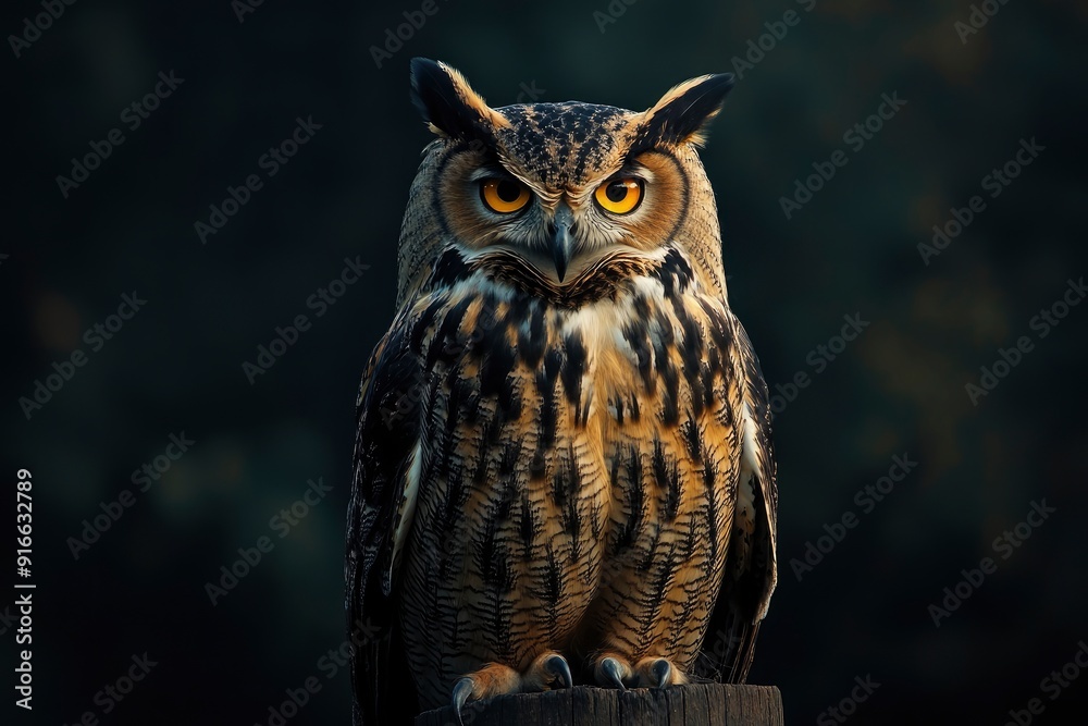Fototapeta premium A close up of a european eagle owl perched on a post and staring forward. Taken against a dark background the eyes are penetrating the viewer, ai