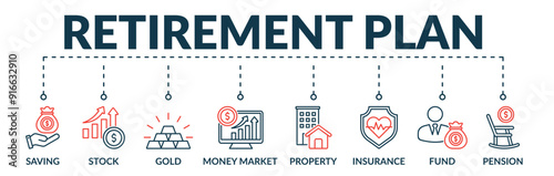 Banner of retirement plan web vector illustration concept with icons of saving, stock, gold, money market, property, insurance, fund, pension