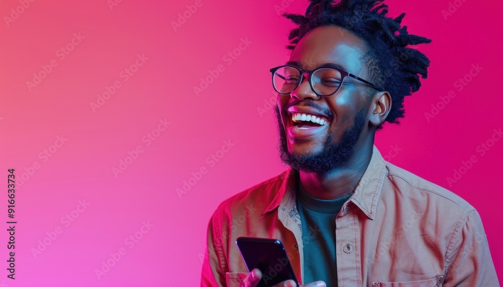Young man is illuminated by vibrant pink light as he laughs at something on his phone Young man is illuminated by vibrant pink light as he laughs at something on his phone