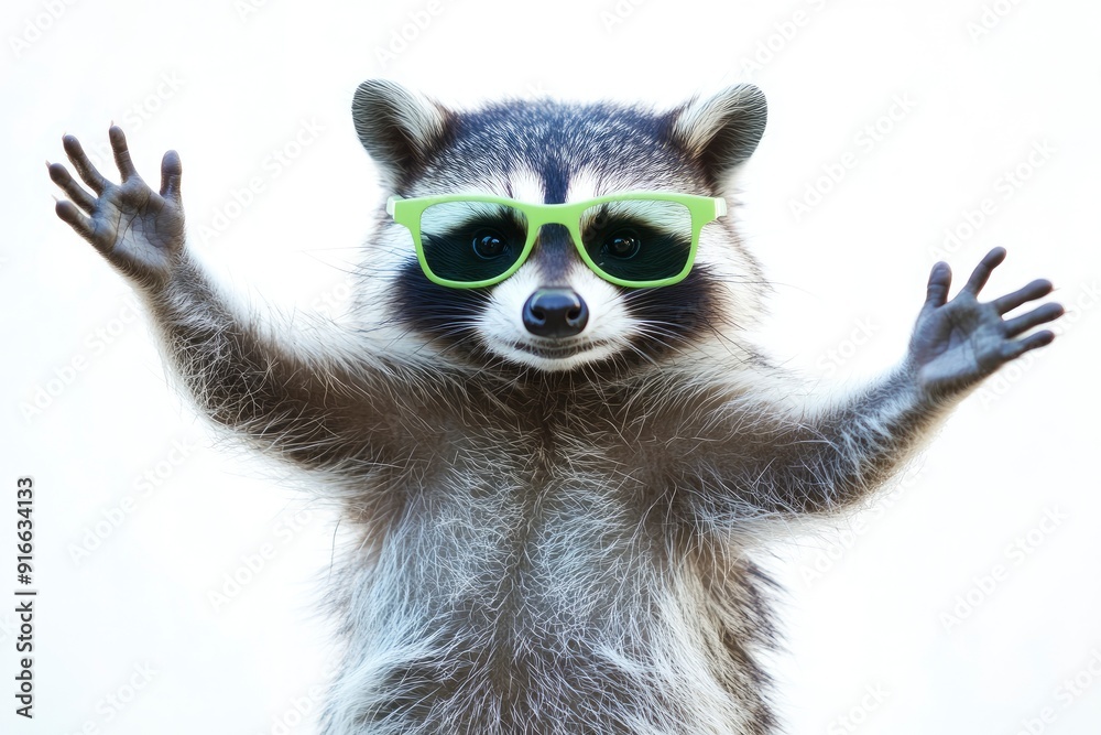 Funny raccoon in green sunglasses showing a rock gesture isolated on white background, ai Funny raccoon in green sunglasses showing a rock gesture isolated on white background, ai
