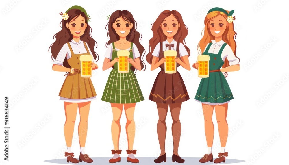 Four beautiful women wearing traditional german dresses holding beer mugs Four beautiful women wearing traditional german dresses holding beer mugs