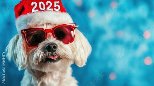 A white dog wearing red sunglasses and a Christmas hat with the word 