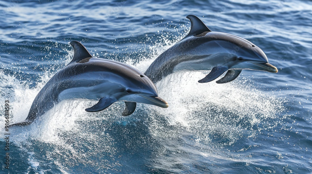 Fototapeta premium Two Dolphins Leaping Through Waves