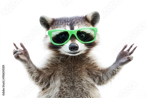 Funny raccoon in green sunglasses showing a rock gesture isolated on white background, ai