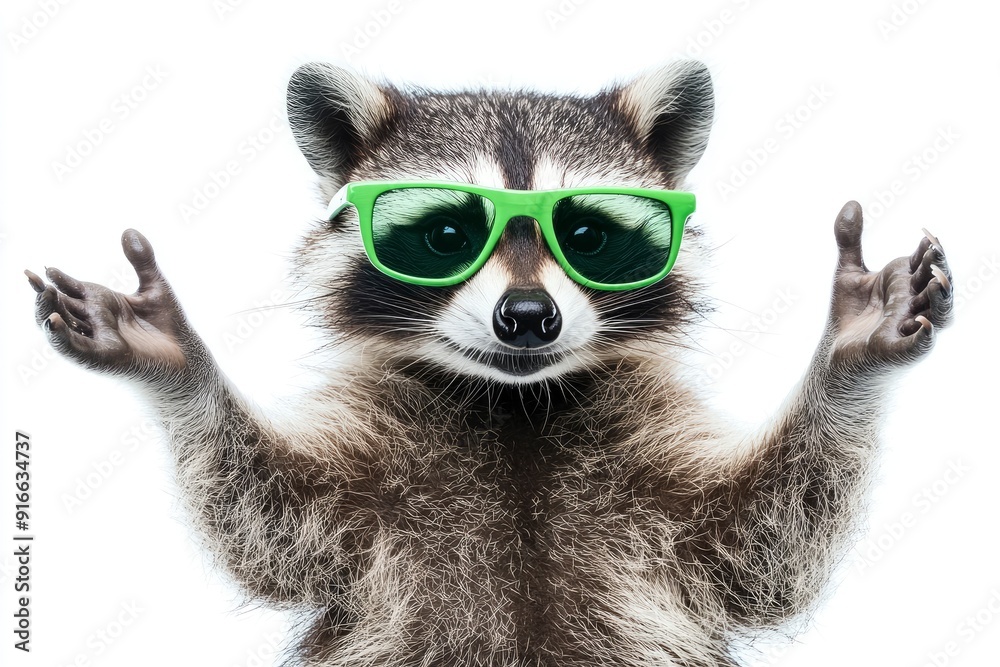 Funny raccoon in green sunglasses showing a rock gesture isolated on white background, ai Funny raccoon in green sunglasses showing a rock gesture isolated on white background, ai