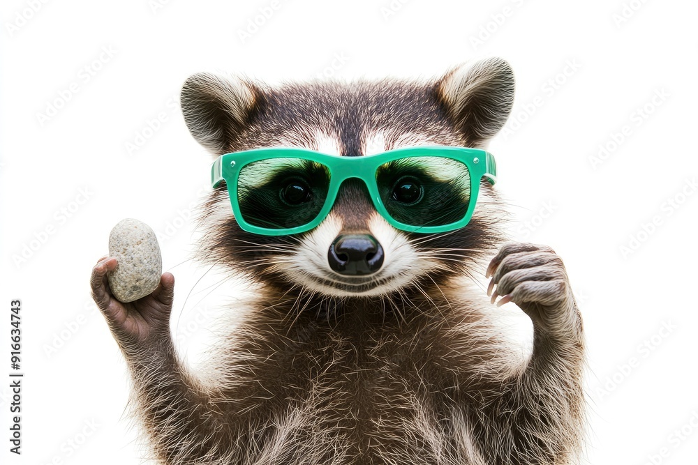 Fototapeta premium Funny raccoon in green sunglasses showing a rock gesture isolated on white background, ai