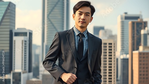 30代、40代のオフィス街にいるアジア人男性（日本人・韓国人イメージ）　Asian Man in His 20s or 30s Wearing a Suit in an Office District photo