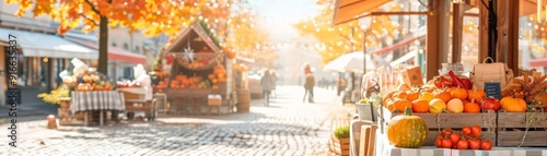 A festive harvest event in a bustling town square, with booths selling fresh produce, handmade goods, and warm beverages, surrounded by colorful fall decorations