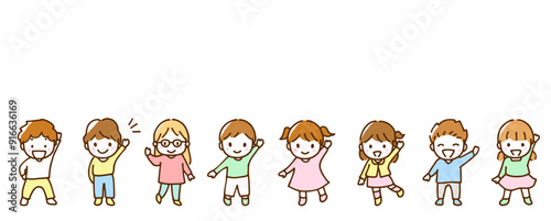 笑顔で手を挙げている小さな男の子と女の子の手描き線画イラスト