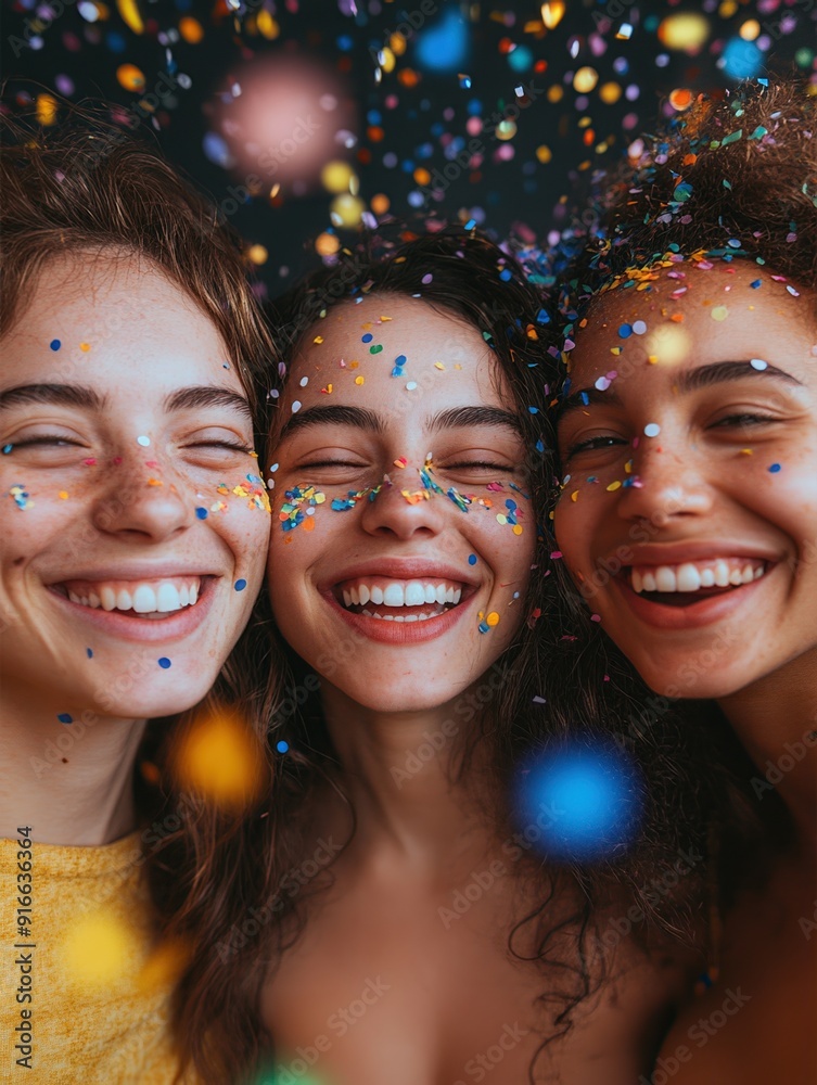 Fototapeta premium Three joyful women celebrate together, surrounded by colorful confetti and sparkles, capturing happiness and friendship.
