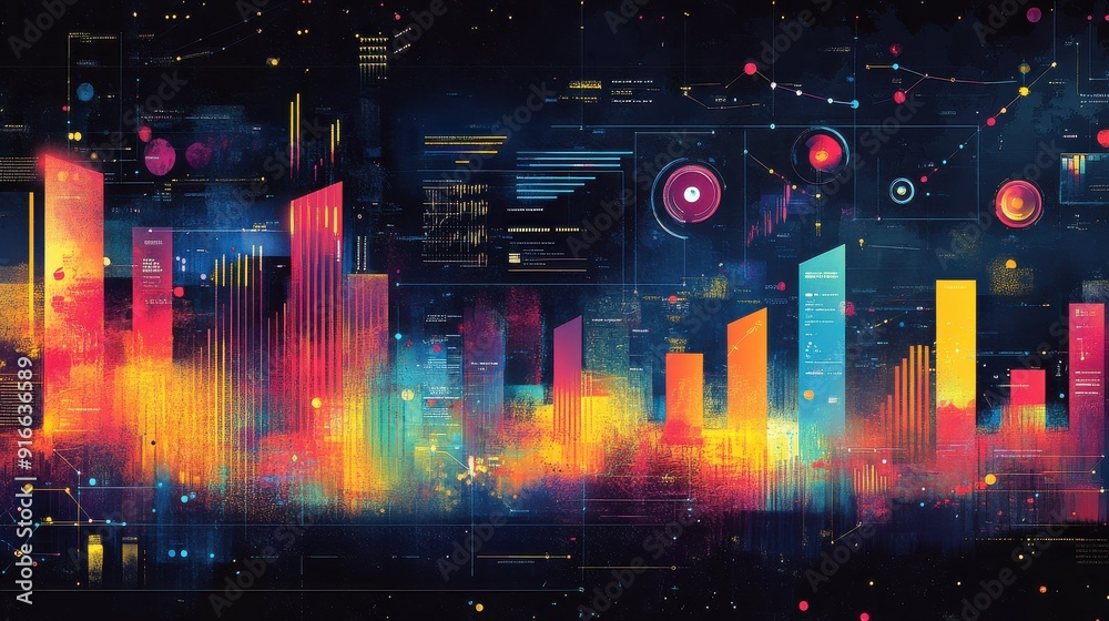 Fototapeta premium Vibrant abstract digital skyline with colorful bars and glowing elements, ideal for tech and futuristic themes.