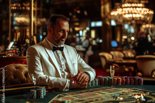 Elegant Man in White Tuxedo Playing High-Stakes Game in Luxurious Casino