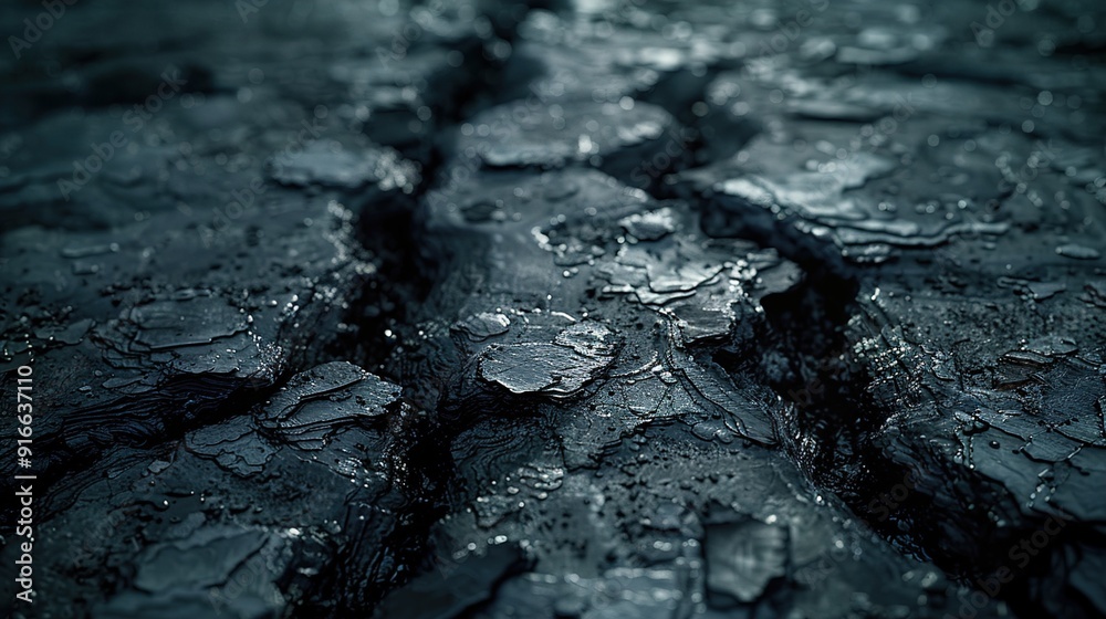 The dark texture of the stone, raw black obsidian, hardened volcanic lava glass, 
