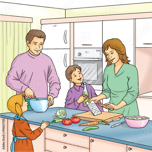 Family solidarity. A family preparing a meal together.
