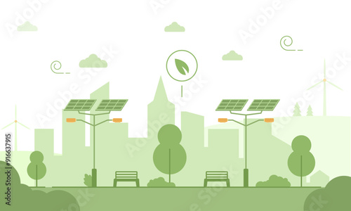 Eco-friendly cityscape vector illustration. Green urban landscape with solar-powered streetlights, wind turbines, and trees. Sustainable city concept with renewable energy sources. Minimalist design