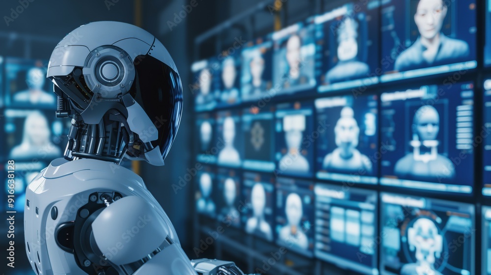An advanced robot processes facial recognition data on multiple screens for monitoring and security An advanced robot processes facial recognition data on multiple screens for monitoring and security