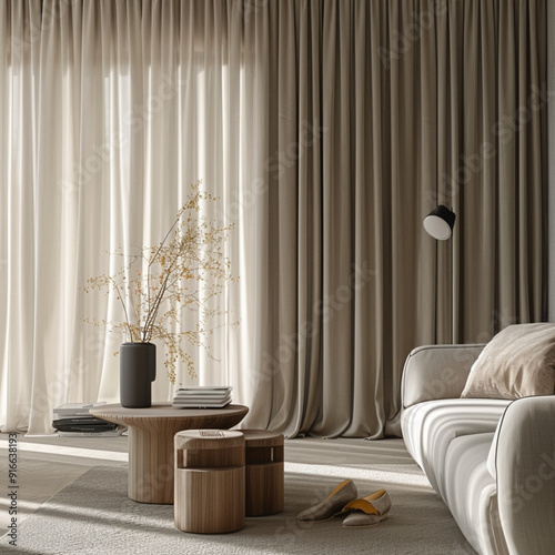 Capturing the unique blend of functionality and style in a living room adorned with dimout curtains and minimalist scandinavian furniture. 