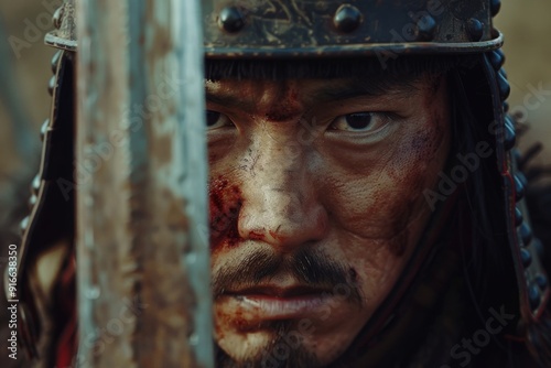 A fierce Mongol warrior stares intently from behind a weapon, embodying the spirit of battle and determination.