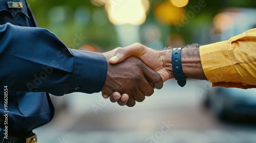 A police officer and a community member are shaking hands in a gesture of goodwill and partnership in an urban setting