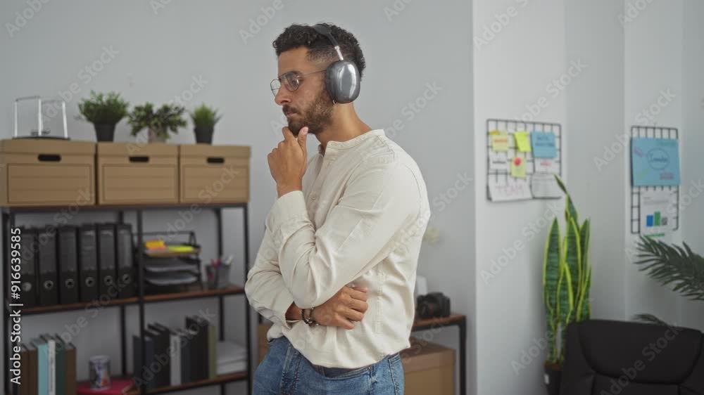 Young hispanic man wearing headphones, thinking in an office setting with plants and organized shelves.