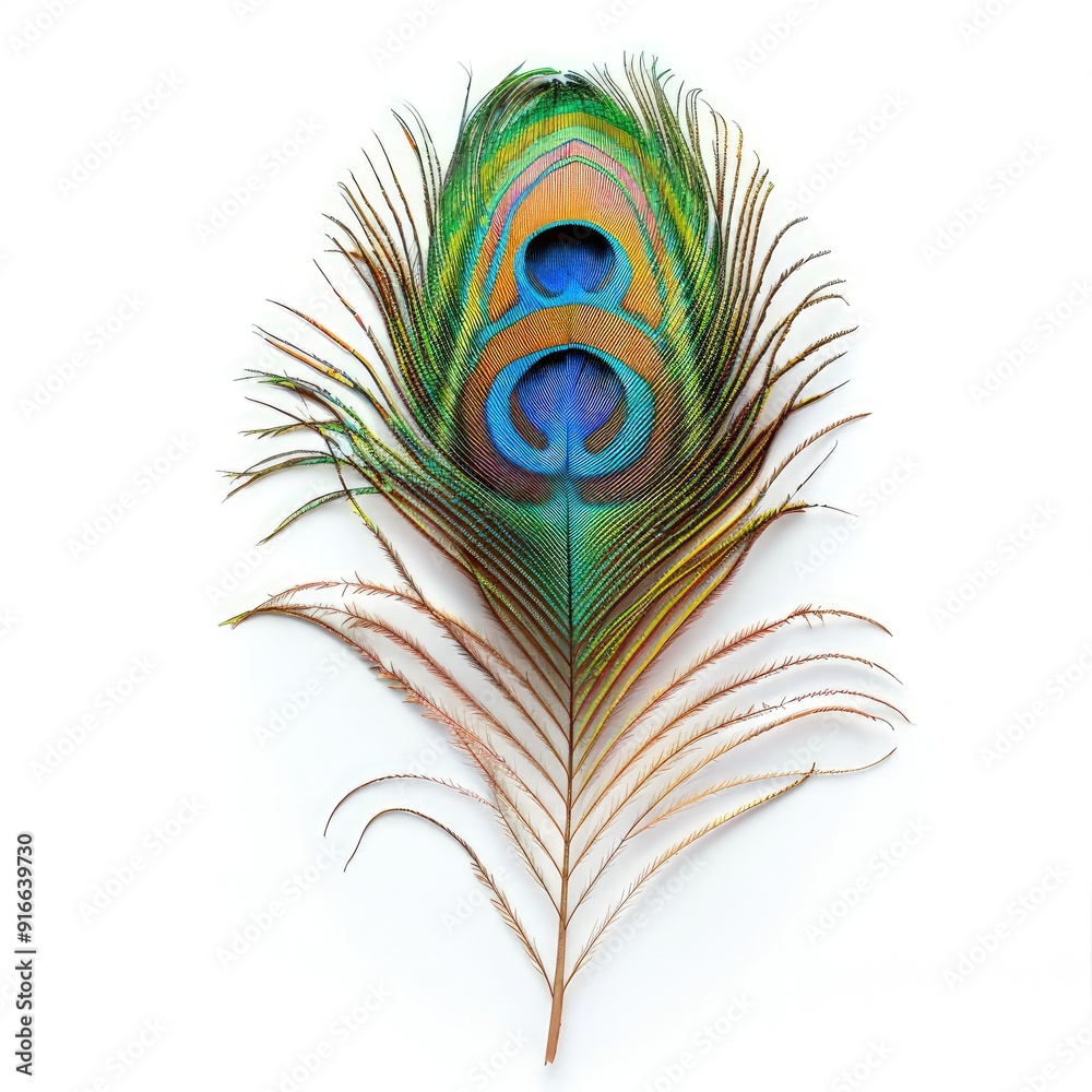 Obraz premium Elegant Peacock Feather Isolated on a White Background, Showcasing Its Vibrant Colors and Intricate Patterns