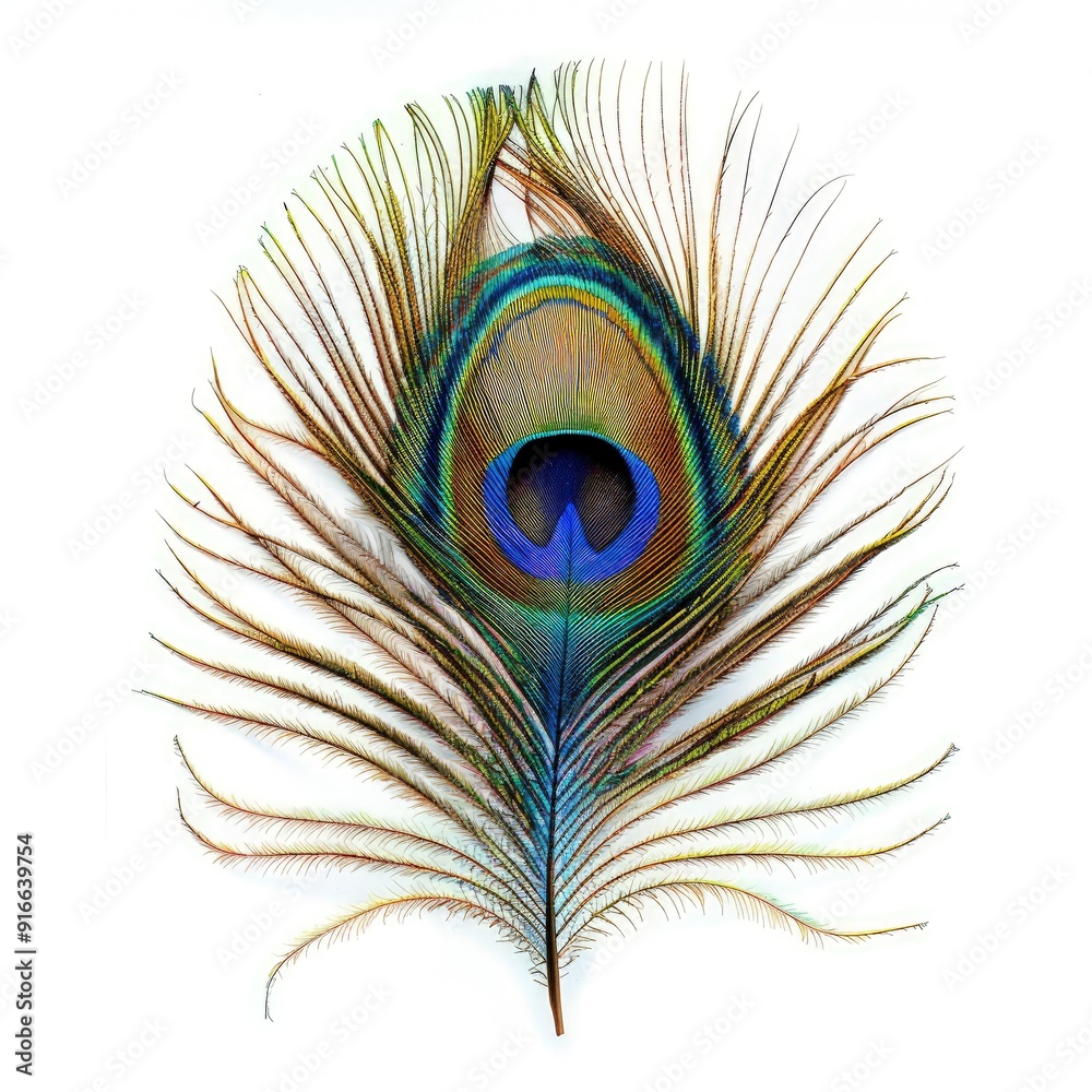 Fototapeta premium Beautiful Peacock Feather Against a White Background, Highlighting Its Stunning Feathers and Rich Hues
