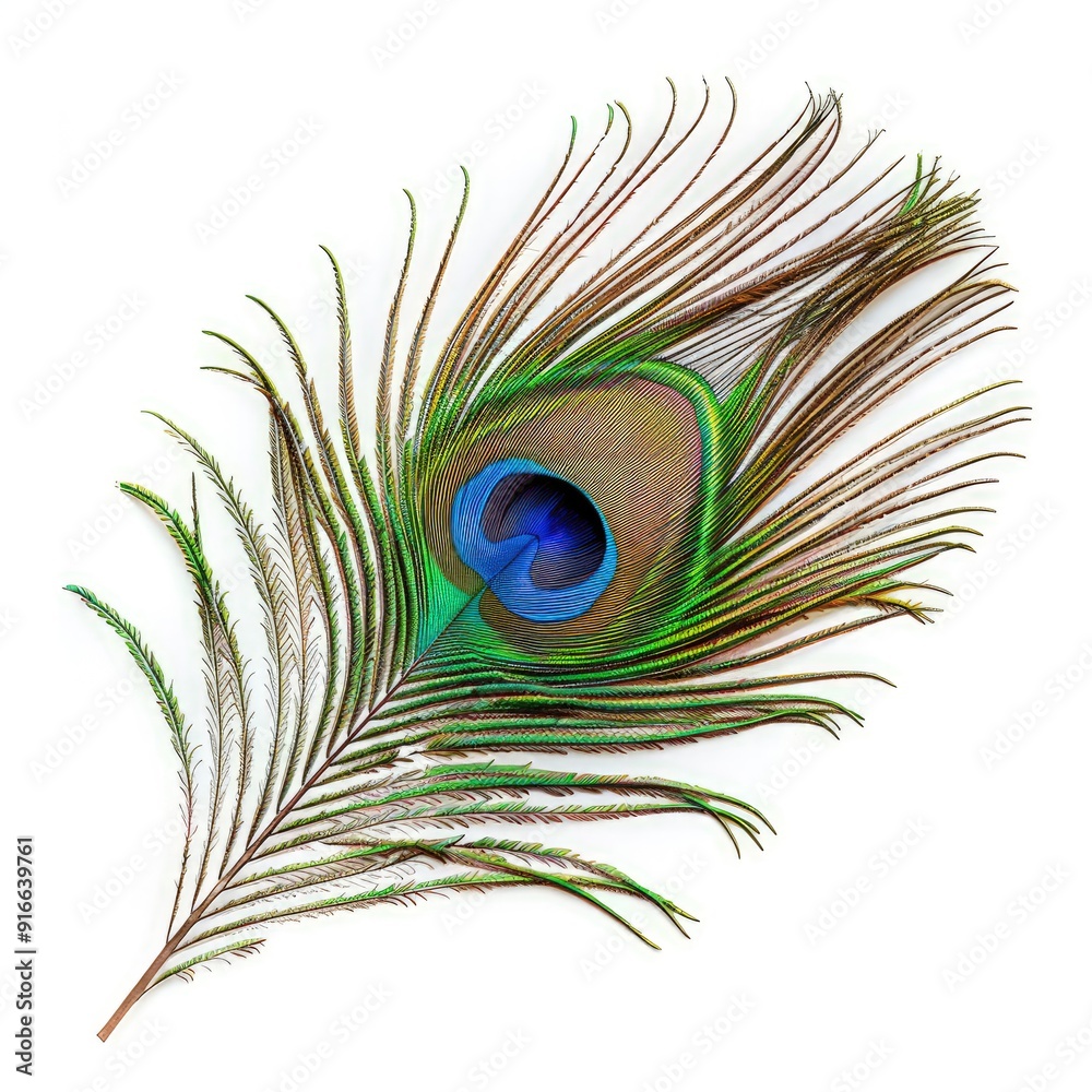 Fototapeta premium Graceful Peacock Feather Displayed on a Clean White Background, Emphasizing Its Unique Beauty and Texture