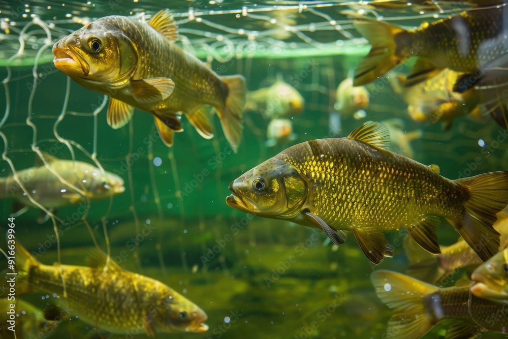 Naklejka premium Colorful fish swim gracefully in a tranquil environment, surrounded by gentle currents and a lively underwater ecosystem.