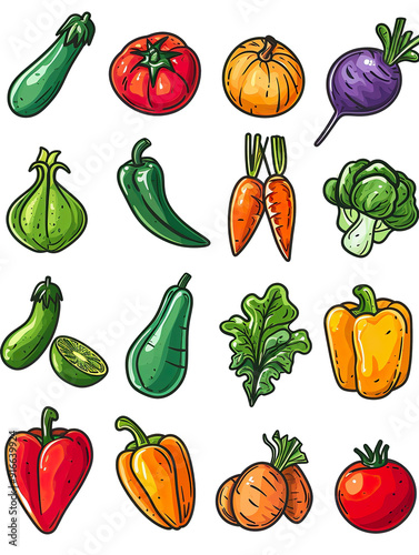 A collection of vegetables and fruits, including carrots, peppers, tomatoes