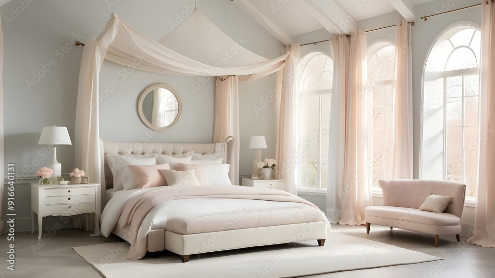A serene bedroom with a soft color palette of whites and pastels, featuring a canopy bed draped in sheer fabric, and large windows letting in natural light A serene bedroom with a soft color palette of whites and pastels, featuring a canopy bed draped in sheer fabric, and large windows letting in natural light