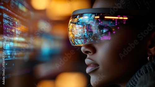 Digital Interaction: Woman Engaging with Augmented Reality Holograms in Futuristic Setting