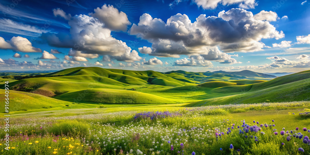 Fototapeta premium A serene landscape of rolling hills with lush green grass and scattered wildflowers under a bright blue sky with a few puffy white clouds.