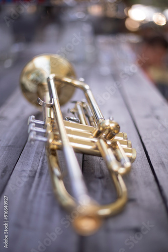 Golden trumpet. Musical instrument. A wind instrument.