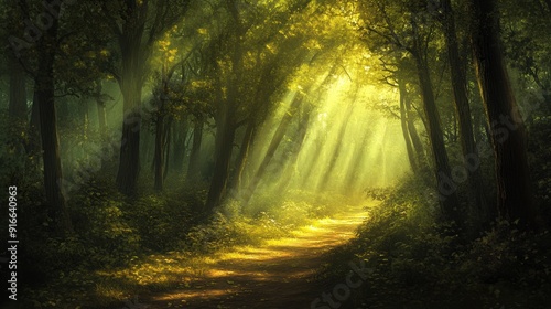 Sunbeams Illuminating a Forest Path